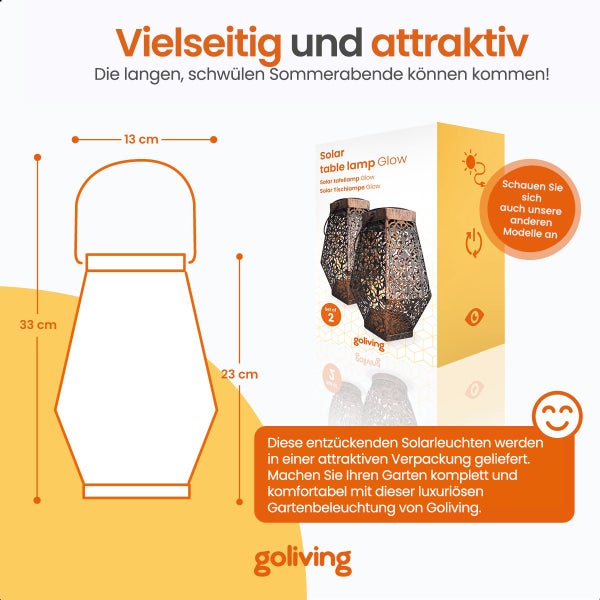 Goliving Solar-Tischlampe Glow - 2 Stück - Laterne für draußen - Solar-Gartenleuchte - LED-Außenleuchte - Pendelleuchte - 23 cm - Metall - Schwarz