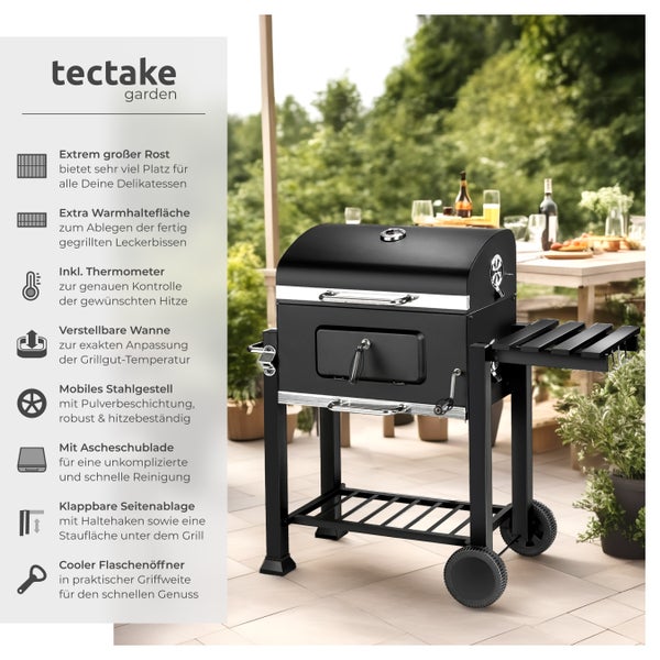 Tectake Garden Holzkohlegrill mit Thermometer, Warmhaltefläche, verstellbarer Wanne, Ascheschublade, Seitenablage, Flaschenöffner und Rädern