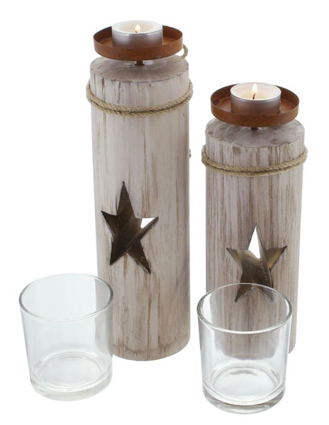 Dekorative Teelichthalter aus Holz mit Sternausschnitt und Glaseinsätzen