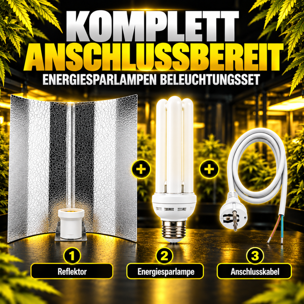 Beleuchtungsset mit Reflektor, Energiesparlampe und Anschlusskabel für Pflanzenbeleuchtung.