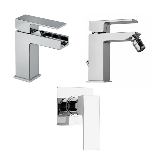 Armaturen-Set für das Badezimmer mit Waschtischmischer, Bidetmischer und Unterputz-Mischbatterie in eckigem Design.
