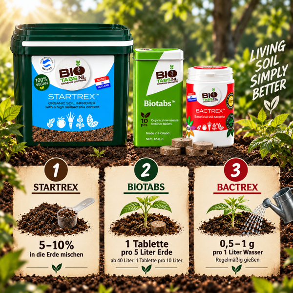 BioTabs Startrex, Biotabs und Bactrex Dünger Set mit Anleitung zur Anwendung in der Erde und zum Gießen.