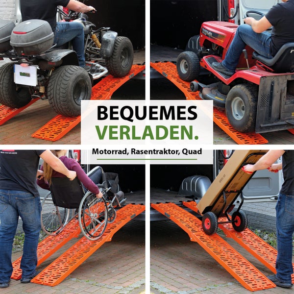 Anwendungsbeispiele für Auffahrrampen beim Verladen von Quad, Rasentraktor, Rollstuhl und Sackkarre.