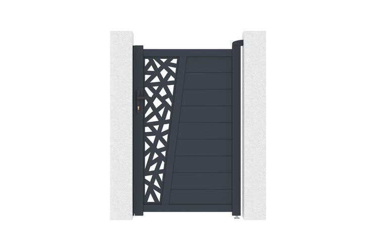 Modernes Gartentor aus Aluminium in Anthrazit mit geometrischem Muster und horizontalen Lamellen zwischen zwei weißen Pfeilern.