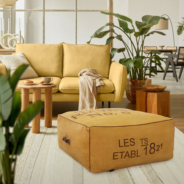 WOMO-DESIGN Sitzpouf XXL Budweiß aus Leinen in Ocker mit Tragegriff 90x40x90 cm Quadratisch, Handgefertigt, Baumwolle Füllung, Modern, Sitzpuff Pouf Puff Ottoman Sitzhocker Fußhocker Hocker Sitzkissen
