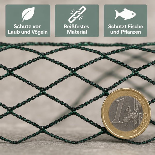 Teichnetz mit rautenförmigen Maschen zum Schutz vor Laub, Vögeln und zum Schutz von Fischen und Pflanzen aus reißfestem Material.