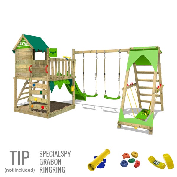 FATMOOSE Spielturm Klettergerüst JazzyJungle mit Schaukel SurfSwing und Rutsche, Spielhaus mit Sandkasten, Leiter und Spiel-Zubehör - apfelgrün