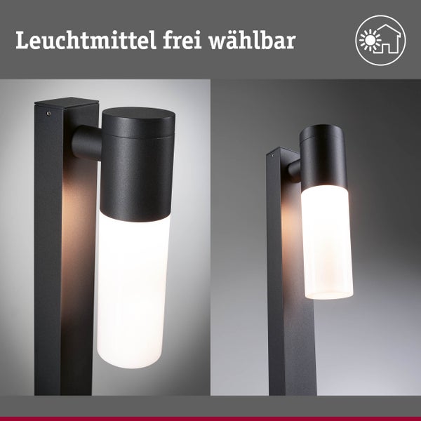 Außenstandleuchte aus Metall mit zylindrischem Leuchtschirm, Leuchtmittel frei wählbar, Symbol für Außenbereichseignung.