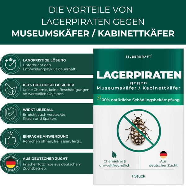 Vorteile von Lagerpiraten gegen Museumskäfer und Kabinettkäfer mit Hinweisen zu Lösung, Biologie, Wirkung, Anwendung und Herkunft