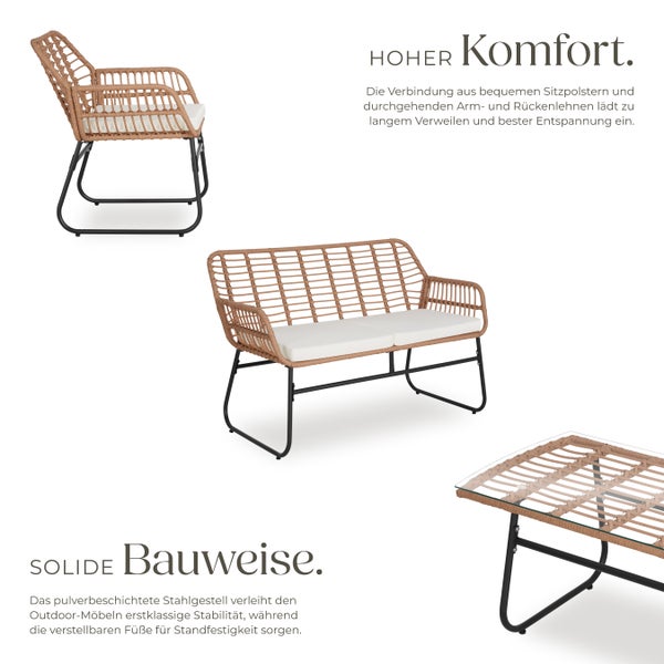 Rattan Sitzgruppe tectake Molfetta XL höhenverstellbare Kunststofffüße für 4 Personen natur