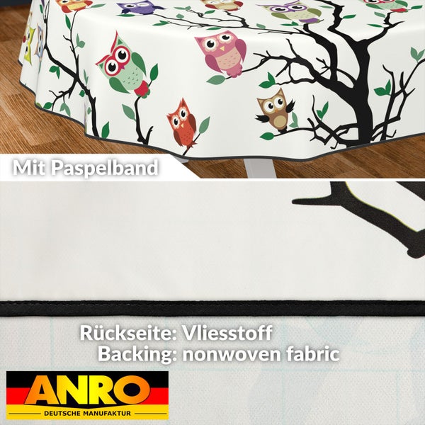 Tischdecke mit Eulendruck und Paspelband sowie Vliesstoff auf der Rückseite