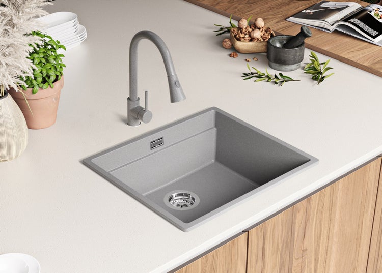 PRIMAGRAN Spülbecken Grau 56x47cm, Granitspüle 1 Becken + Ablauf-Set + Aufrollbare Abtropffläche, Küchenspüle ab 60er Unterschrank - Praga Slim