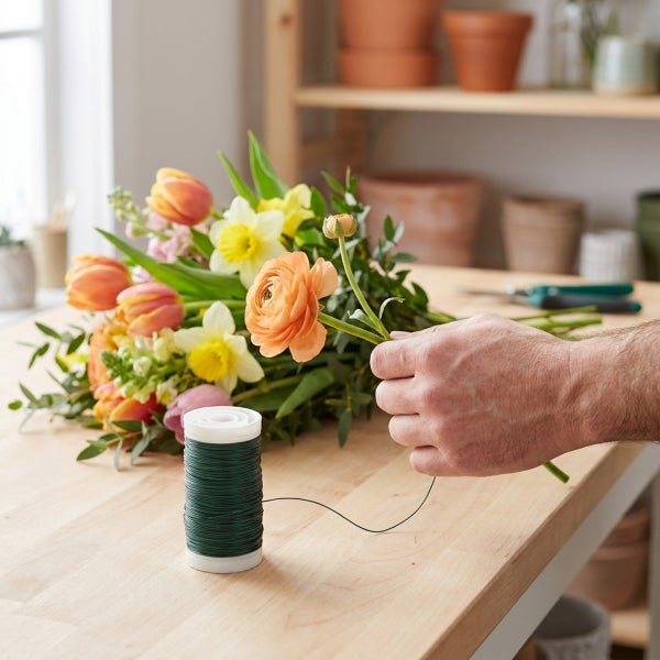 Eine Hand bindet einen Blumenstrauß mit Wickeldraht auf einer Werkbank.