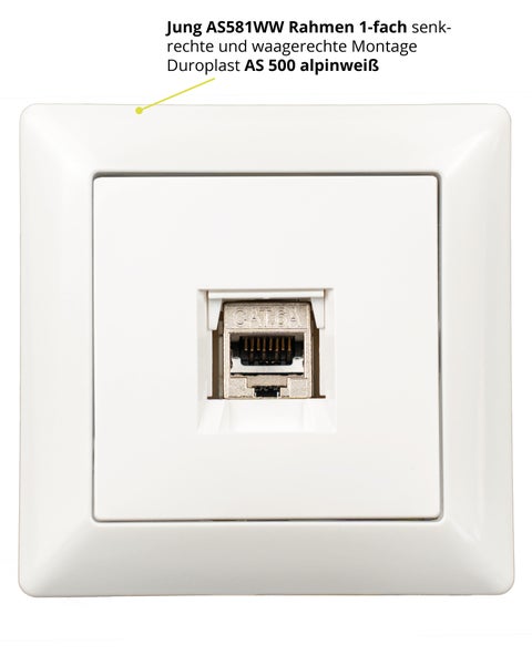 Keystone RJ45 Cat. 6A Modul inkl. Jung Keystone Abdeckung 1fach A1569-1WEWW & 1fach Rahmen AS581WW alpinweis, Netzwerkdose