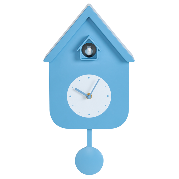 Moderne Kuckucksuhr in Hausform mit Pendel und kleiner Vogelfigur als Wanduhr.