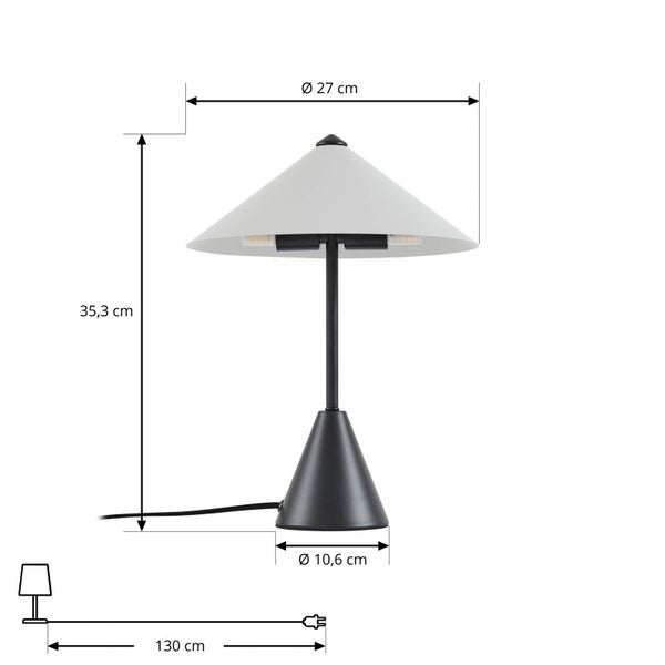 Tischleuchte mit den Maßen: 27 cm Durchmesser, 35,3 cm Höhe, 10,6 cm Sockeldurchmesser und 130 cm Kabellänge.