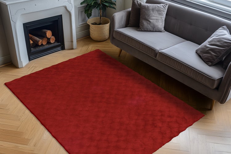 Ein roter Teppich liegt auf einem Parkettboden in einem modern eingerichteten Wohnzimmer mit einem Sofa und einem Kamin.