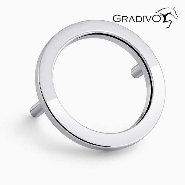 Ringförmiger Möbelgriff aus Metall mit zwei Befestigungsstiften und Gradivo Logo.