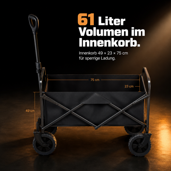 Schwarzer faltbarer Bollerwagen mit 61 Liter Volumen und Innenkorb-Maßen von 49 mal 23 mal 75 Zentimeter.