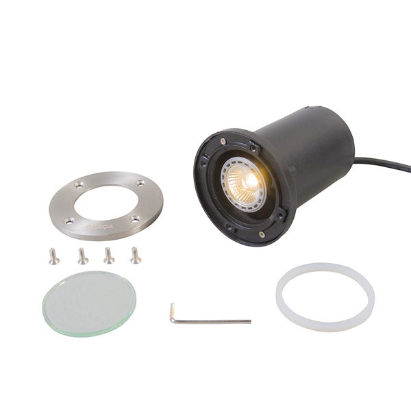 Boden-Einbaustrahler-Set inklusive Gehäuse, LED-Leuchtmittel, Edelstahl-Abdeckring mit QAZQA Logo, Glasscheibe, Dichtungsring und Montagematerial.