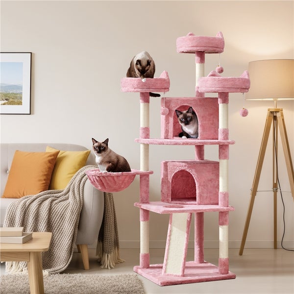 Katzenbaum mit mehreren Ebenen, Kratzstämmen und Katzenhäusern in Wohnzimmerumgebung mit drei Siamkatzen