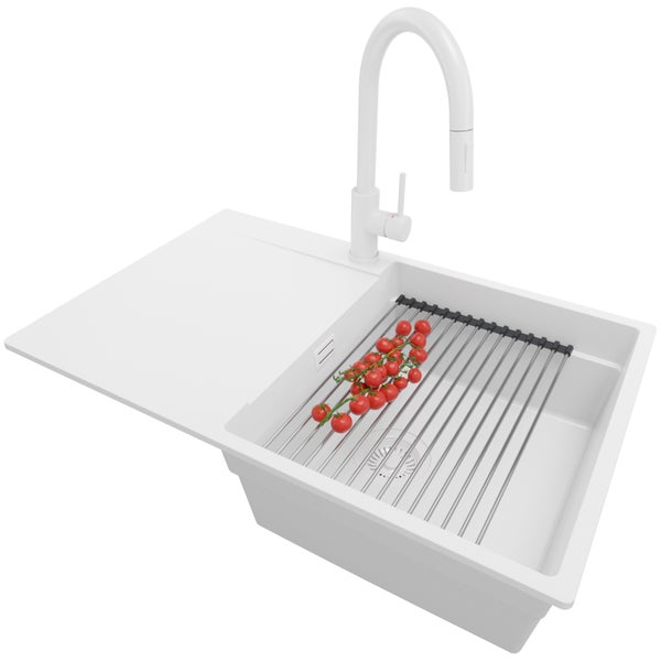 PRIMAGRAN Granitspüle Alles Weiß 78x50cm, Spülbecken 1 Becken + Küchenarmatur 40x20cm + Ablauf-Set + Aufrollbare Abtropffläche, Küchenspüle ab 50er Unterschrank - San Francisco