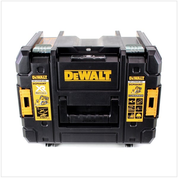 DeWALT Werkzeugkoffer TSTAK für Akku-Hobel DCP580NT, aus robustem Kunststoff mit Metallschließen und gelben Clips.