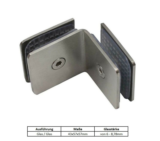 Glashalter im 90 Grad Winkel aus Metall für Glasdicken von 6 bis 8,78 Millimeter mit den Maßen 43 mal 57 mal 57 Millimeter.