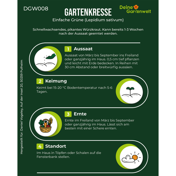 Infografik für Gartenkresse mit Hinweisen zu Aussaat, Keimung, Ernte und Standort. Deine Gartenwelt Logo.