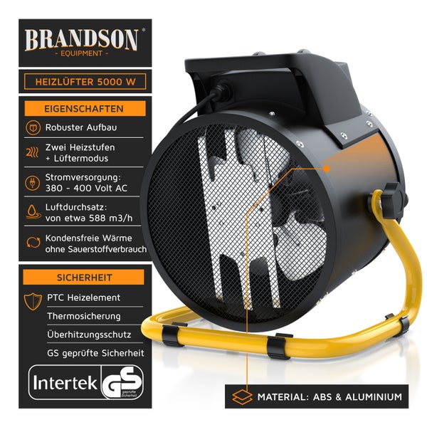 Brandson Bauheizer 5000W, Heizlüfter, 2 Heizstufen, Überhitzungsschutz, Automatische Abschaltung, für Baustelle Garage Werkstatt Rohbau, Schwarz/Gelb