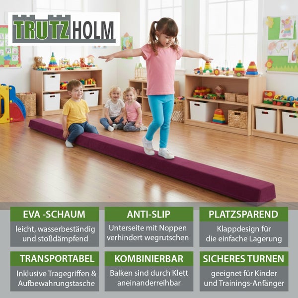 Lilafarbener klappbarer Schwebebalken für Kinder mit Tragetasche und Griffen für das Turntraining zu Hause.
