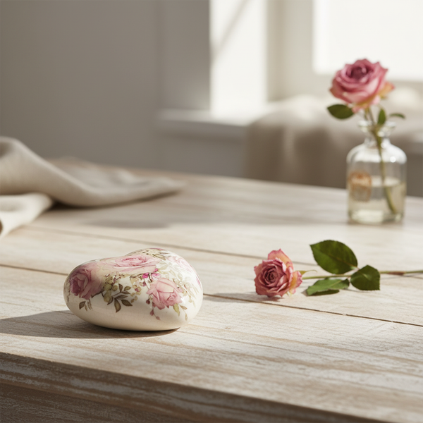 Herzförmiger Dekostein mit Rosenmuster auf einem Holztisch in einem hellen Raum neben einer einzelnen Rose.