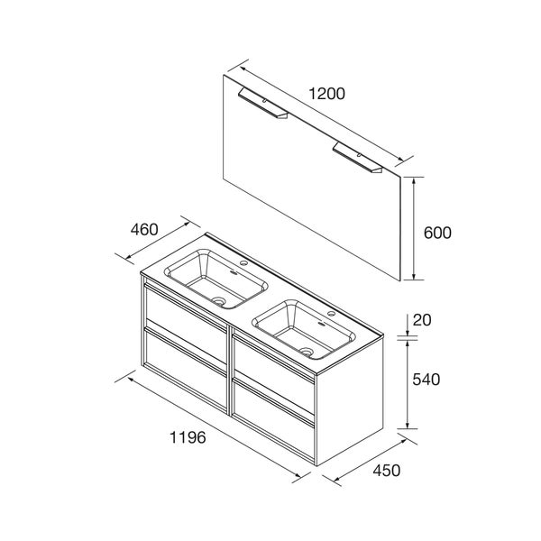Technische Zeichnung eines Doppelwaschtischs mit Unterschrank und Spiegel mit Maßangaben in Millimetern.