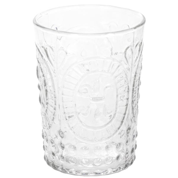 Trinkglas aus Glas mit dekorativem Fleur-de-Lis Reliefmuster.