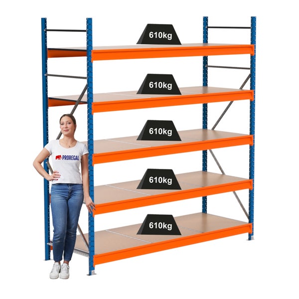 Regal mit fünf Ebenen und einer maximalen Traglast von 610 Kilogramm pro Ebene
