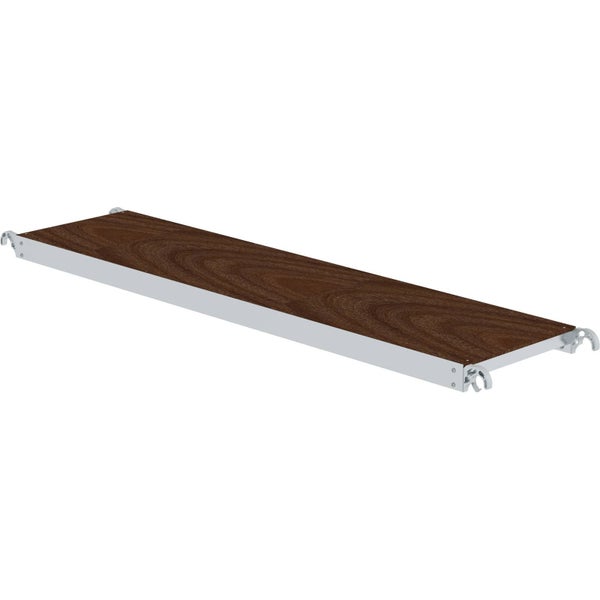 Gerüstbelag aus Aluminium und Holz mit Einhängeklauen an beiden Enden.