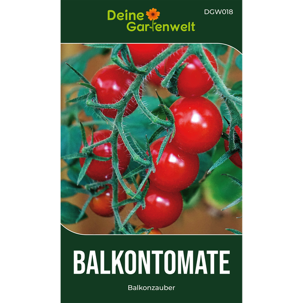 Balkontomate Balkonzauber Samentüte von Deine Gartenwelt Logo, Abbildung reifer Kirschtomaten an der Rispe.