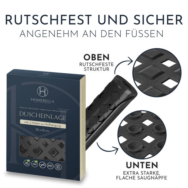 Homerella® Duschmatte rutschfest - 100% BPA frei - Inkl. 2 Haken zum Aufhängen 53x53cm - Antirutschmatte Dusche hautsensitiv & schimmelresistent - Duscheinlage maschinenwaschbar