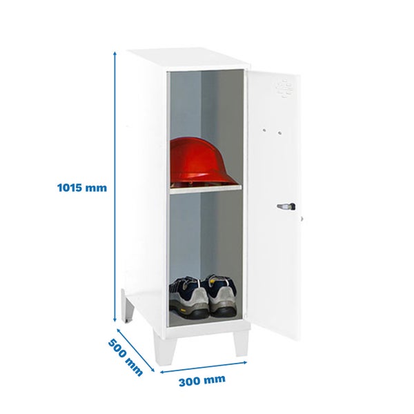 Weisser Garderobenschrank mit den Massen 1015 mm Höhe, 500 mm Tiefe und 300 mm Breite mit rotem Schutzhelm und Arbeitsschuhen