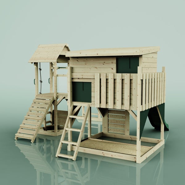 Spielhaus mit Rutsche, Sandkasten, Kletterwand, Leiter und Schaukel aus Holz