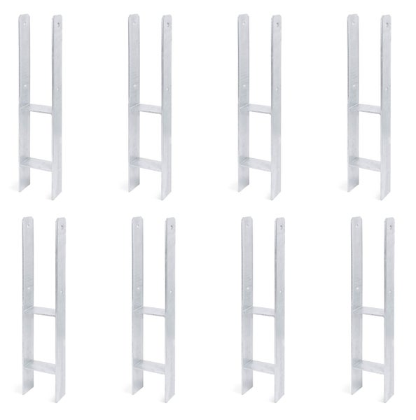Set aus acht verzinkten Pfostenträgern in U-Form zur stabilen Befestigung von Holzbalken.