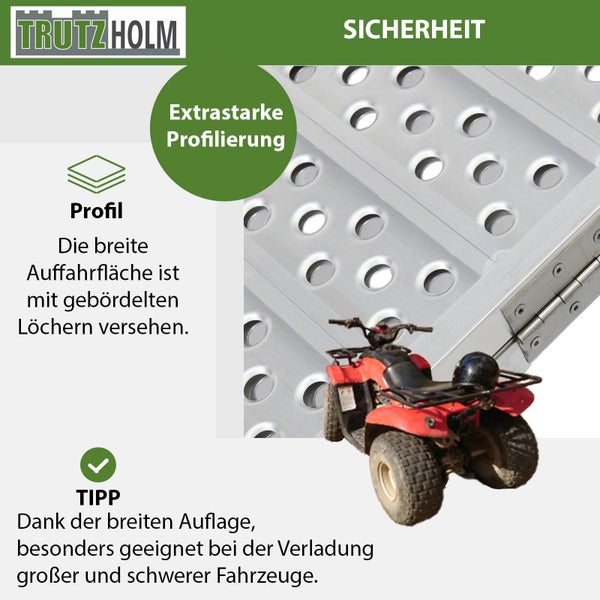 TrutzHolm Logo. Detailansicht Aluminium Auffahrrampe mit geladenem Quad.