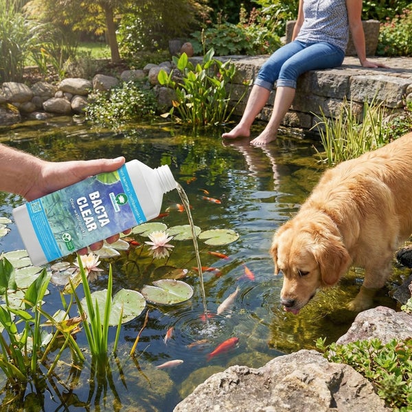 Hand gießt Bacta Clear in einen hellen Gartenteich mit Fischen, Seerosen und einem trinkenden Hund zur Teichpflege.