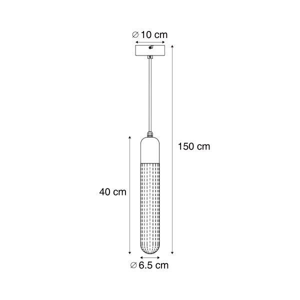 Maßzeichnung einer zylindrischen Pendelleuchte mit Angabe der Höhe von 150 Zentimeter und des Leuchtenschirmdurchmessers von 6,5 Zentimeter.
