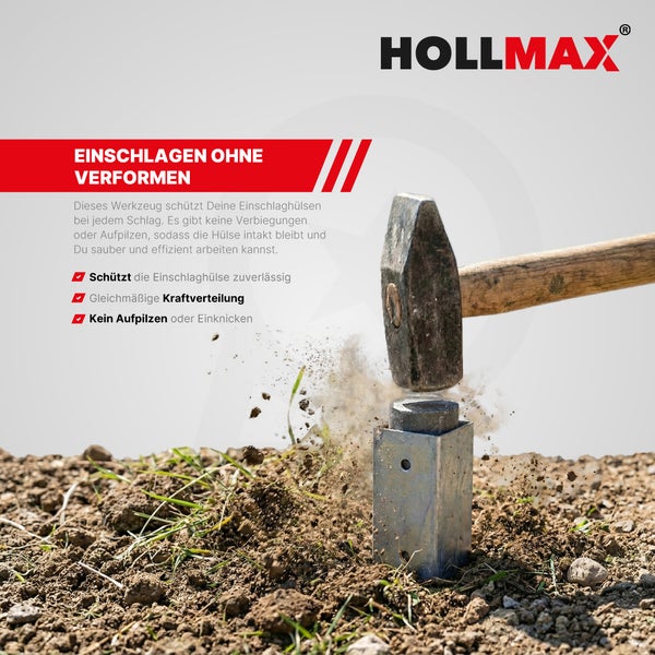HOLLMAX Logo. Hammer trifft auf eine Einschlaghilfe aus Metall, die in eine Bodenhülse im Erdreich eingesetzt ist.