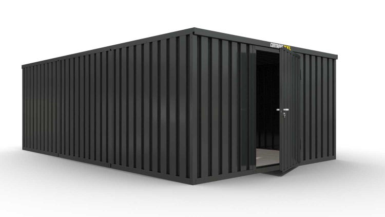 Lagercontainer Gerätehaus M3  – 18 qm, H2150 x B3050 x T6520 mm, Außenwandlackierung anthrazit, Dach außen verzinkt, mit Holzfußboden, 1270 mm Einflügeltür mittig in Breitseite, montiert