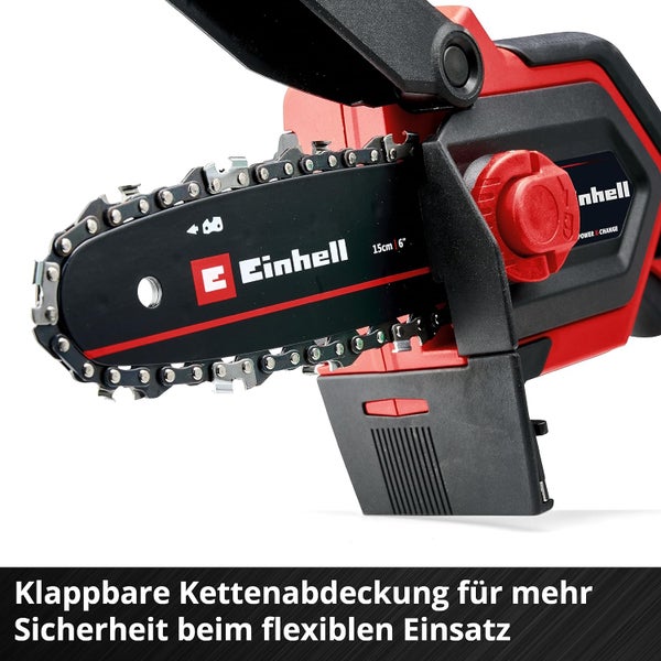 Einhell Akku-Astkettensäge mit 15 Zentimeter Schwertlänge und klappbarer Kettenabdeckung für erhöhte Sicherheit.