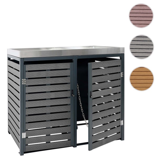 Mülltonnenbox für zwei Tonnen aus Wood-Plastic-Composite mit Pflanzwanne aus Edelstahl und zwei Türen.