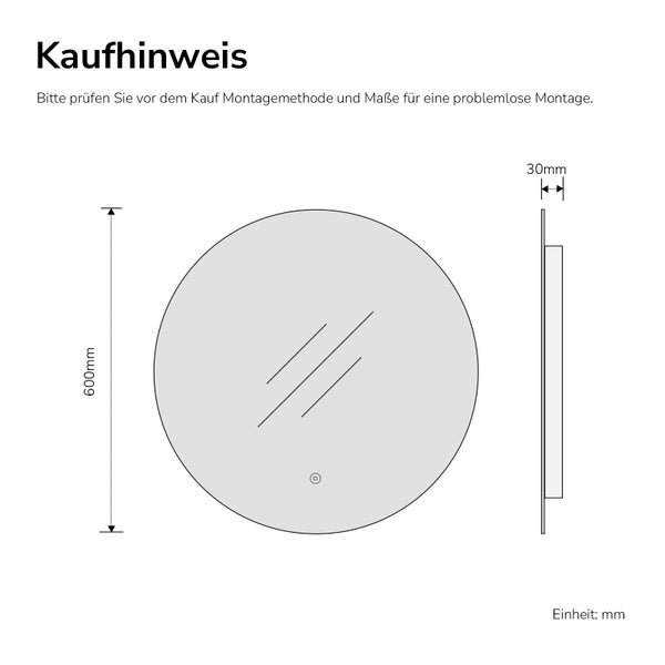 Kaufhinweis mit Maßzeichnung für einen runden Badspiegel: Durchmesser 600 Millimeter, Tiefe 30 Millimeter.