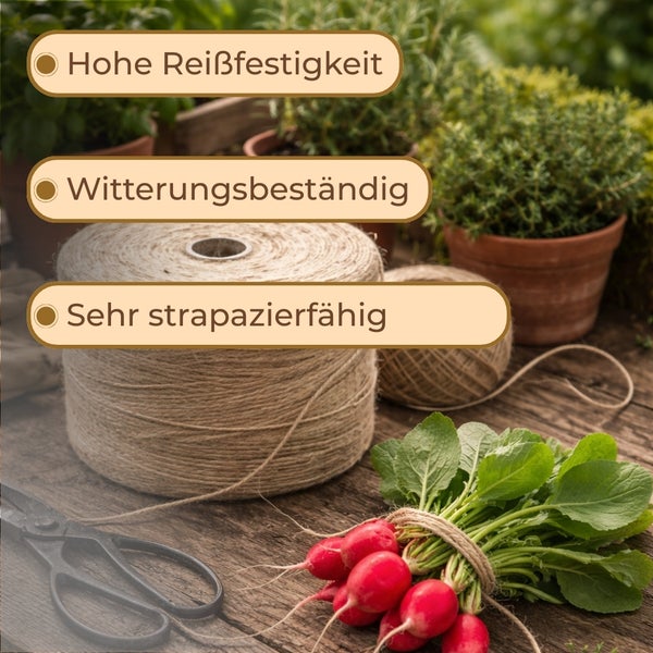 Juteschnur mit hoher Reißfestigkeit, Witterungsbeständigkeit und Strapazierfähigkeit neben Radieschen und Schere
